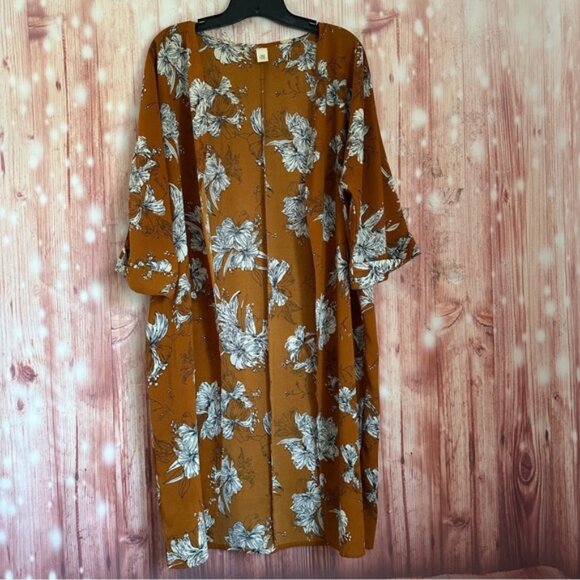 Unbranded Mustard Floral Print Open Front Kimono Top Size S/M - Picture 1 of 8